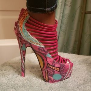 Bumper Pink and Blue Strappy Snakeskin Print Heels